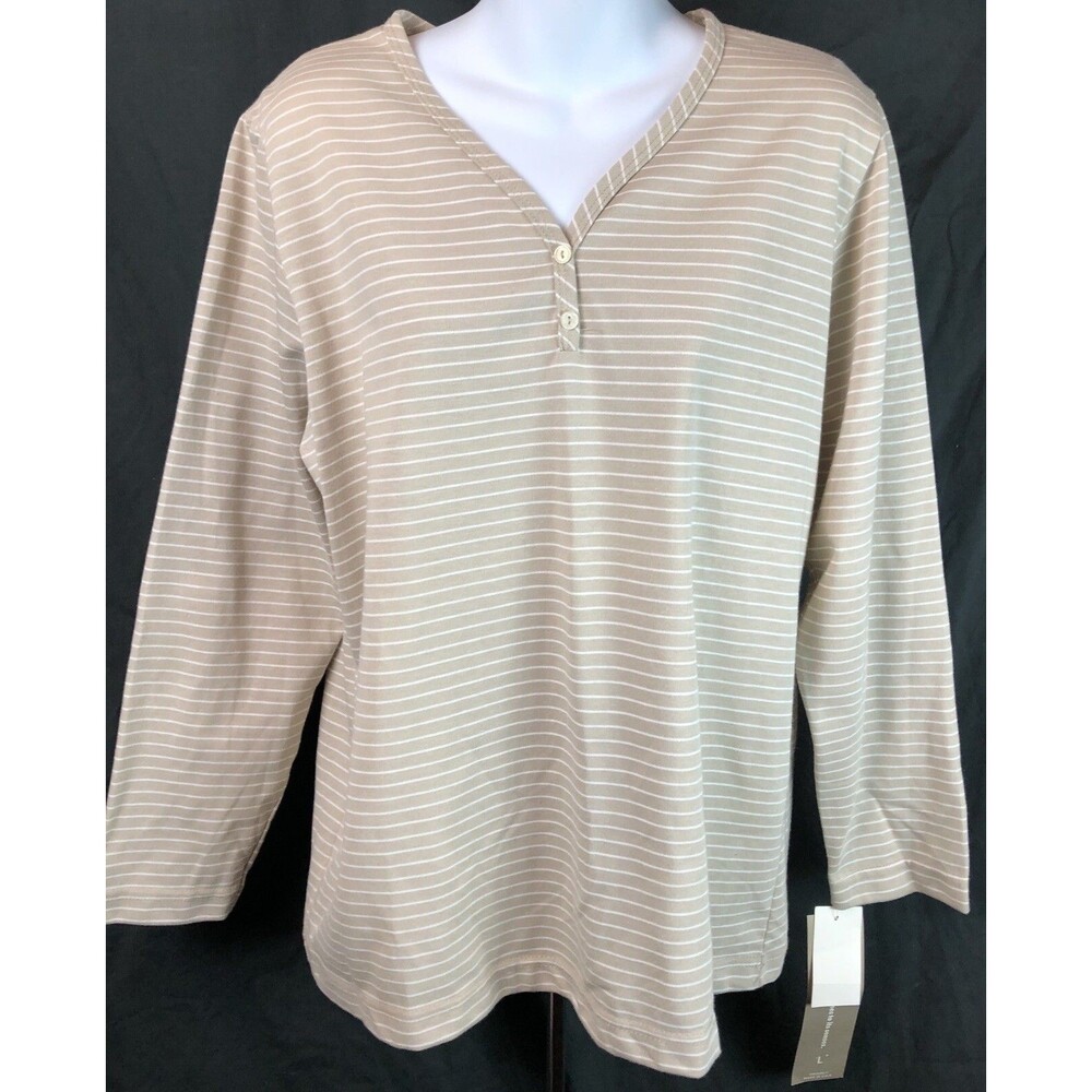 Nwt Season Ticket Henley Jersey Top L Tan/white Stripe V-neck Long Sleeves